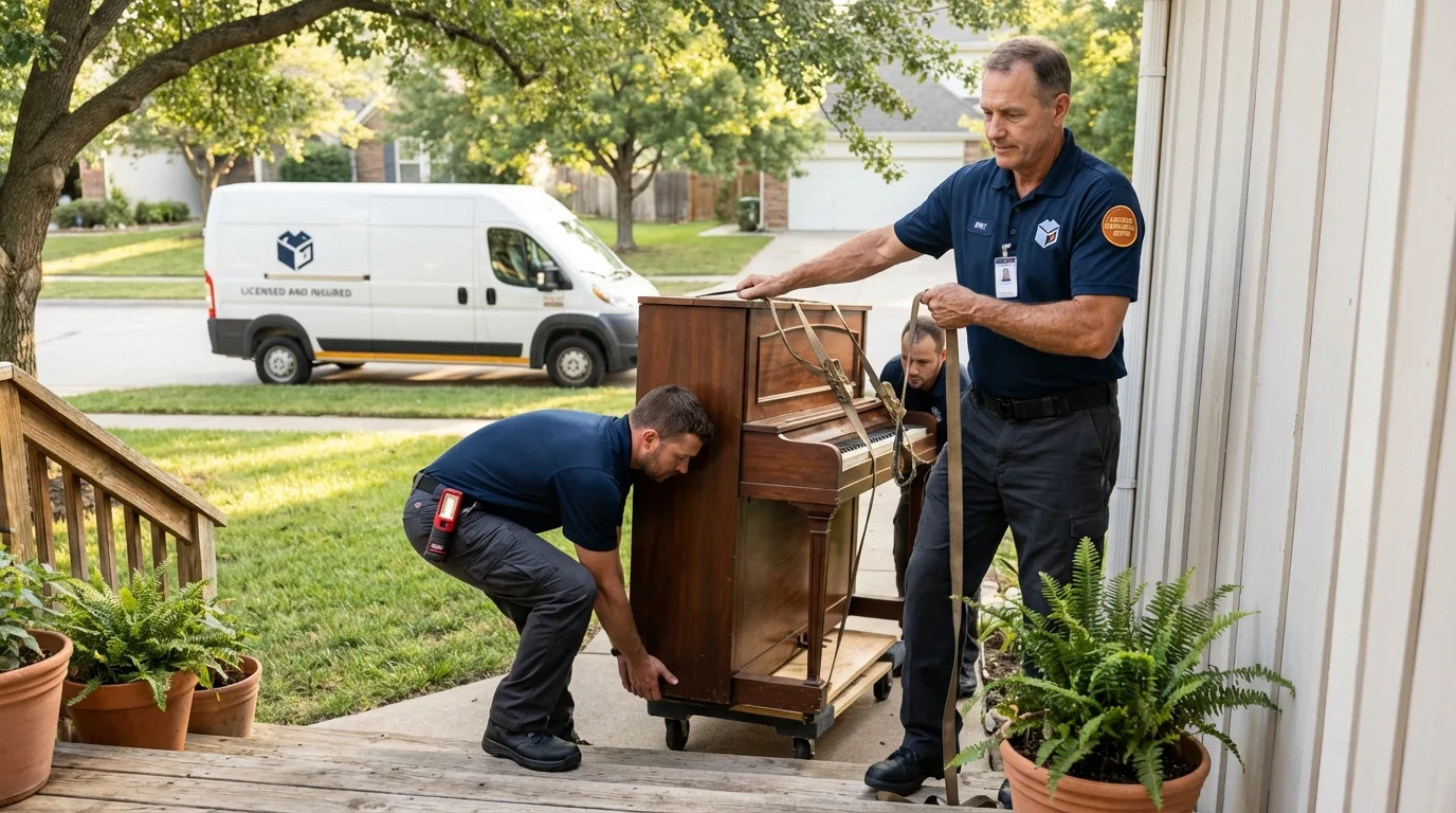 Licensed piano movers securing grand piano in Beverly, NJ