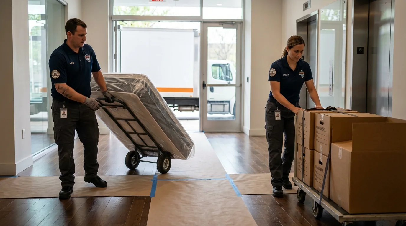 Professional apartment movers loading elevator in Beverly, NJ